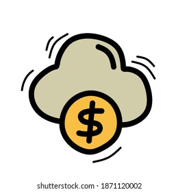 Handzeichnung Geldwolke-Vektorsymbol für Webdesign einzeln auf weißem Hintergrund. Einfaches und modernes Geld-Cloud-Symbol für Logo, Web, App, UI. Flache Vektorgrafik für Grafiken 
