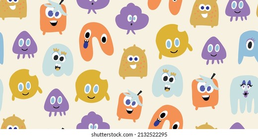 Hand drawing monster faces seamless print design. Vector illustration design for fashion fabrics, textile graphics, prints