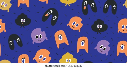 Hand drawing monster faces seamless print design on dark blue background. Vector illustration design for fashion fabrics, textile graphics, prints