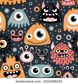 Hand drawing monsters seamless print design. Vector illustration design for fashion fabrics, textile graphics, prints.