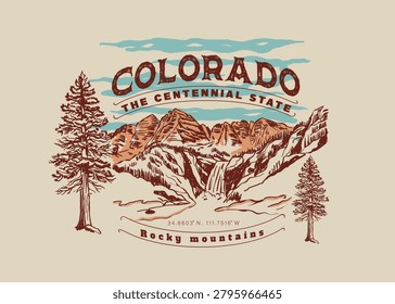 Hand Drawing Mountain illustration. Vintage Mountain Tee Shirt Design. Colorado typography with mountain tee shirt design graphics. hand made pain tree with retro graphic artwork for tee sweatshirt design