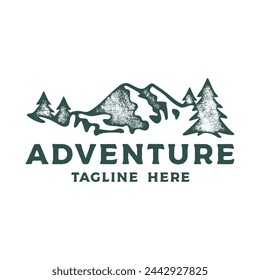 Hand drawing of Mountain landscape in retro engraving style. Adventure in graphic vintage style. Vector logo template.