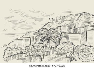 Hand drawing of a mountain and a Mediterranean landscape by the sea. Vector ink sketch in vintage style