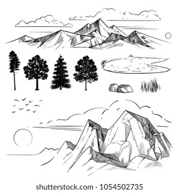 Hand drawing mountain range, peaks clouds, sun and forest trees. Retro mountains and landscape elements isolated etching vector set. Nature landscape, peak and forest, rock and mountain illustration