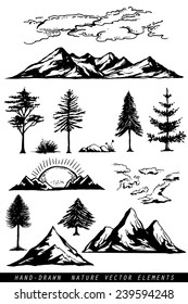 Hand drawing mountains pines clouds and plants vector illustration