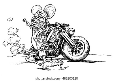 Hand drawing of mouse riding vintage motorcycle- vector illustration isolated on white