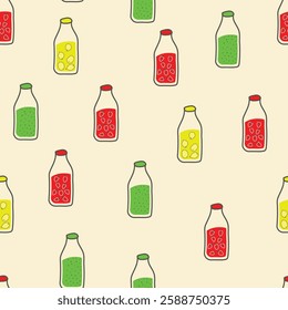 Hand drawing multi colour bottle seamless pattern. 