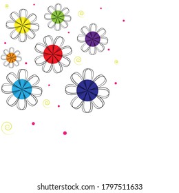 Hand drawing with multi-colored daisies. Flower vector