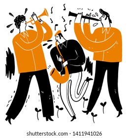 Hand drawing the musicians playing music. Vector Illustration doodle style.