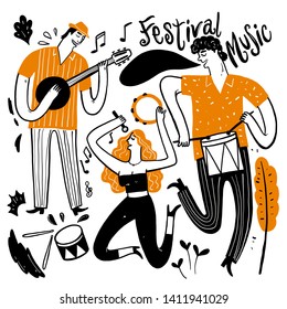 Hand drawing the musicians playing music. Vector Illustration doodle style.