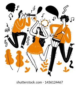 Hand drawing the musicians playing music. Vector Illustration doodle style.