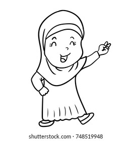 Hand drawing Muslim Girl Cartoon with Victory sign, Isolated on white background. Black and White simple line Vector Illustration for Coloring Book - Line Drawn Vector Illustration.
