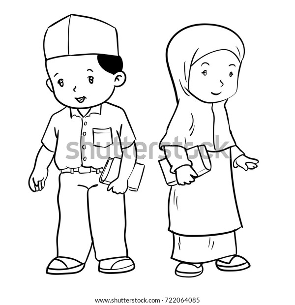 Hand Drawing Muslim Kids Standing Isolated Stock Vector (Royalty Free ...