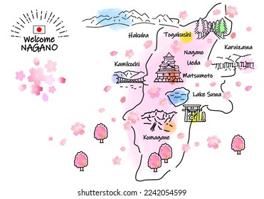 hand drawing NAGANO JAPAN in Spring tourist spot map, pink, vector