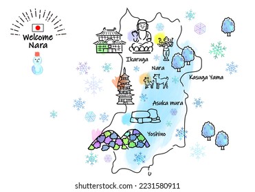 hand drawing NARA JAPAN in Winter tourist spot map, vector