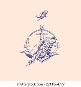 hand drawing nautical whale  logo