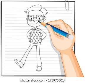 Hand drawing of nerdy boy cartoon illustration