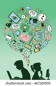 Hand drawing the network icon in the form of speech bubbles and silhouettes of young people working at computers.