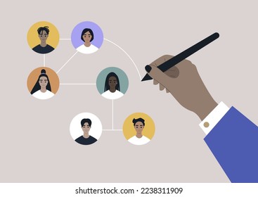 A hand drawing a network scheme between different team members, human resources 