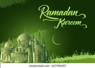 Dibujo manual de un matiz de mezquita verde oscuro. Tema de Ramadán Kareem