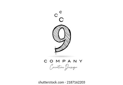 hand drawing number 9 logo icon design for company template or business. Creative logotype in pencil style