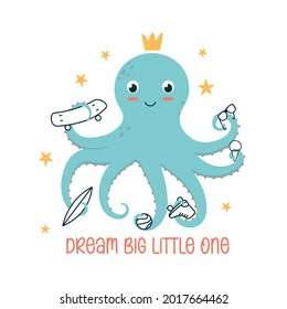 Hand drawing octopus and cute elements print design. Vector illustration design for fashion fabrics, textile graphics, prints.