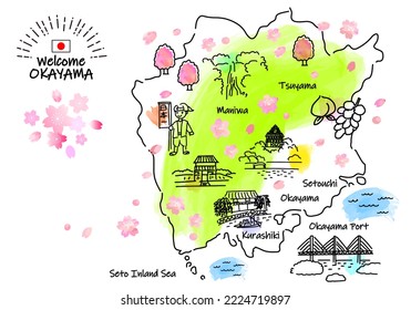 hand drawing OKAYAMA JAPAN in Spring tourist spot map, vector