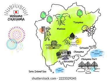 hand drawing OKAYAMA JAPAN tourist spot map, vector