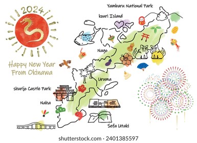 hand drawing OKINAWA JAPAN tourist spot map new year card 2024, vector