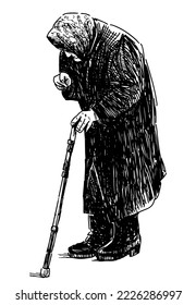 Hand drawing of old beggar woman with walking cane