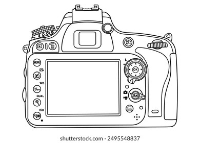 Hand drawing old DSLR modern digital full frame photo camera. Top view, top side. Isolated doodle vector illustration. Vector outline contour illustration