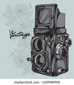 Hand drawing old graphic style of vintage film photo twin lens camera