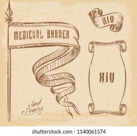 Hand drawing old ribbons and flags set banners. Sketch style vector illustration.