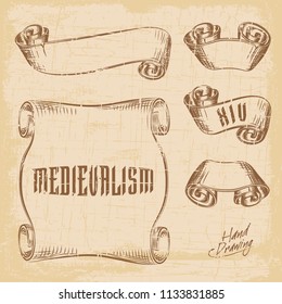Hand drawing old ribbons set banners. Sketch style vector illustration.