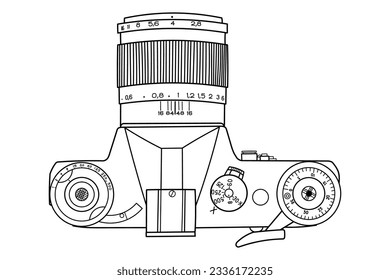 Dibujo manual de la antigua cámara fotográfica de cine vintage SLR. Vista superior, lado superior. Ilustración vectorial de doodle aislado