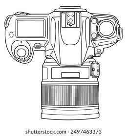 Hand drawing old SLR vintage film photo camera. Top view, top side. Isolated doodle vector illustration