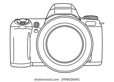 Hand drawing old SLR vintage film photo camera. Front view, top side. Isolated doodle vector illustration