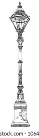 Hand drawing old street lamp in Copenhagen (Denmark) vector monochrome illustration in black color isolated on white background