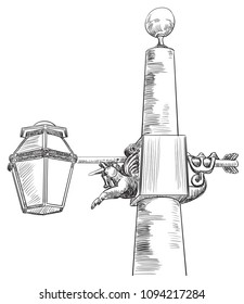 Hand drawing old street lamp with unicorn in Saint-Petersburg. Vector monochrome illustration in black color isolated on white background.