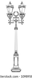 Hand drawing old street lamp vector monochrome illustration in black color isolated on white background