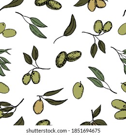 Hand drawing olive.Leaves and olives pattern.
