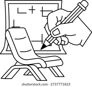 A hand is drawing on a chair. The chair is a simple design with no embellishments. The pencil is sharp and the hand is steady. Concept of creativity and artistic expression