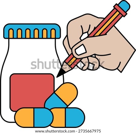A hand is drawing on a jar of pills. Concept of taking medication and the importance of following the prescribed dosage. Scene is serious and informative