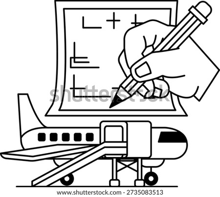 A hand is drawing on a piece of paper with a pencil. The drawing is of an airplane and a ramp. The airplane is on the left side of the paper, and the ramp is on the right side