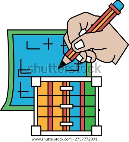 A hand is drawing on a piece of paper with a pencil. The drawing is of a cube with a green and yellow border. The cube is surrounded by a grid of squares