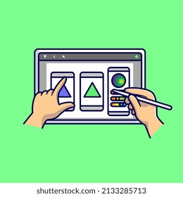 Hand Drawing on Tablet Cartoon Vector Icon Illustration. People Technology Icon Concept Isolated Premium Vector. Flat Cartoon Style