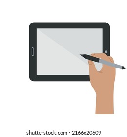 Handzeichnung auf Tablet-Vektorsymbol Illustration einzeln. Smartphones mit leeren Bildschirmen Telefonkonzept. Vektorsymbol einzeln auf weißem Hintergrund. Tablette mit Hand, die einen Stift hält und einen Halbleiter enthält.