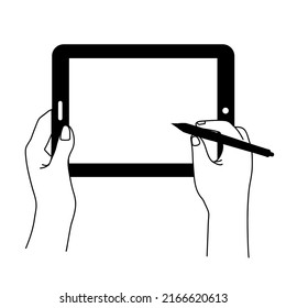 Handzeichnung auf Tablet-Vektorsymbol Illustration einzeln. Smartphones mit leeren Bildschirmen Telefonkonzept. Vektorsymbol einzeln auf weißem Hintergrund. Tablette mit Hand, die einen Stift hält und einen Halbleiter enthält.