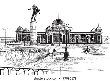 Hand drawing on white background Saransk train station of the city skyline. The monument to the heroes of the stratosphere.