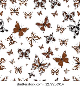Hand drawing on a white, black and brown background. Seamless colorfil pattern. Repeated doodles. Mystical, symbols.